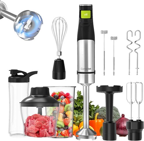 Consciot 10-in-1 Immersion Blender - 1100W Stainless Steel Shaft with Speed Control & Accessories