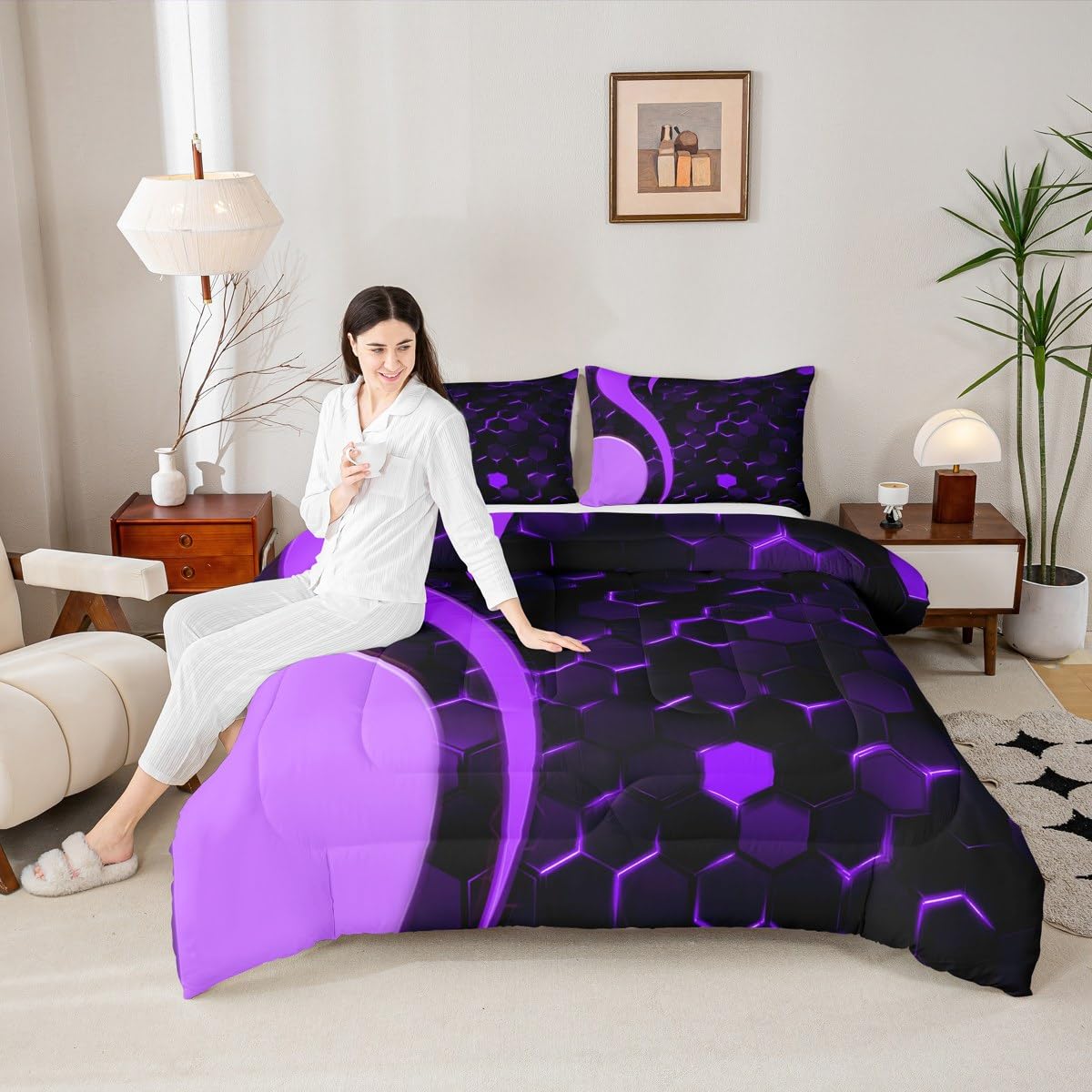 Feelyou Honeycomb Comforter Hexagonal Print Bedding Set Geometrical Beehive Purple Blue Comforter Set for Boys Girls Teens Decor Modern Art Duvet Set Quilt Twin Size Boys