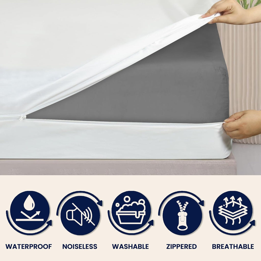 Zippered Mattress Encasement - Waterproof Queen Mattress Protector with 6-Sided Zipper - Soft, Noiseless, Machine Washable