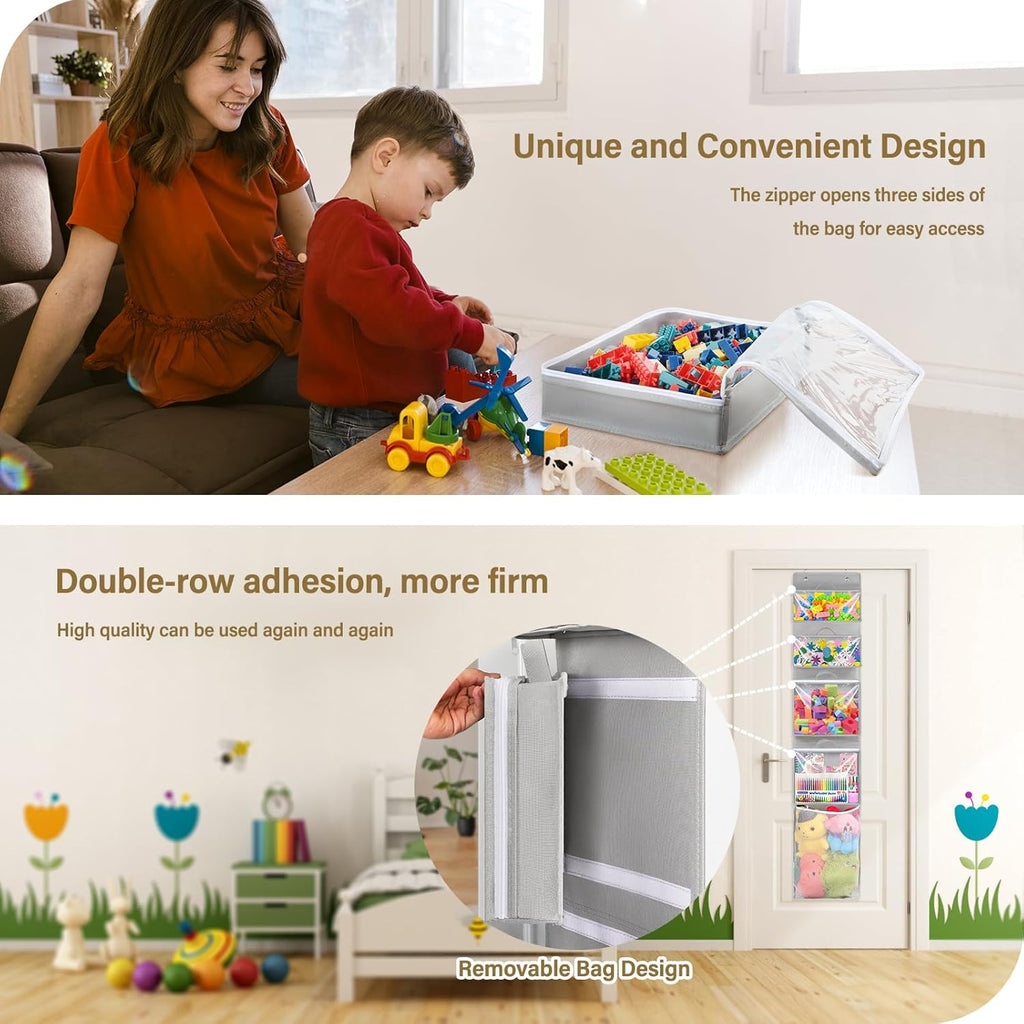 Woodoulogy Hanging Toy Storage - Over Door Stuffed Animal Organizer with 4 Removable Bags | Bi-Fold Closet Holder