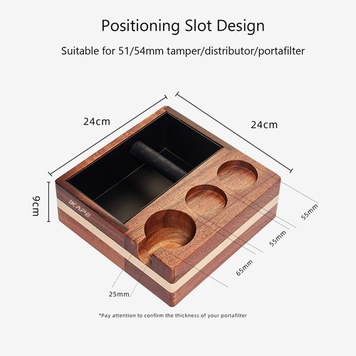 IKAPE 54mm 4-in-1 Espresso Knock Box & Tamping Station, 51mm 53mm 54 mm Natural Mahogany Accessory Organizer Base