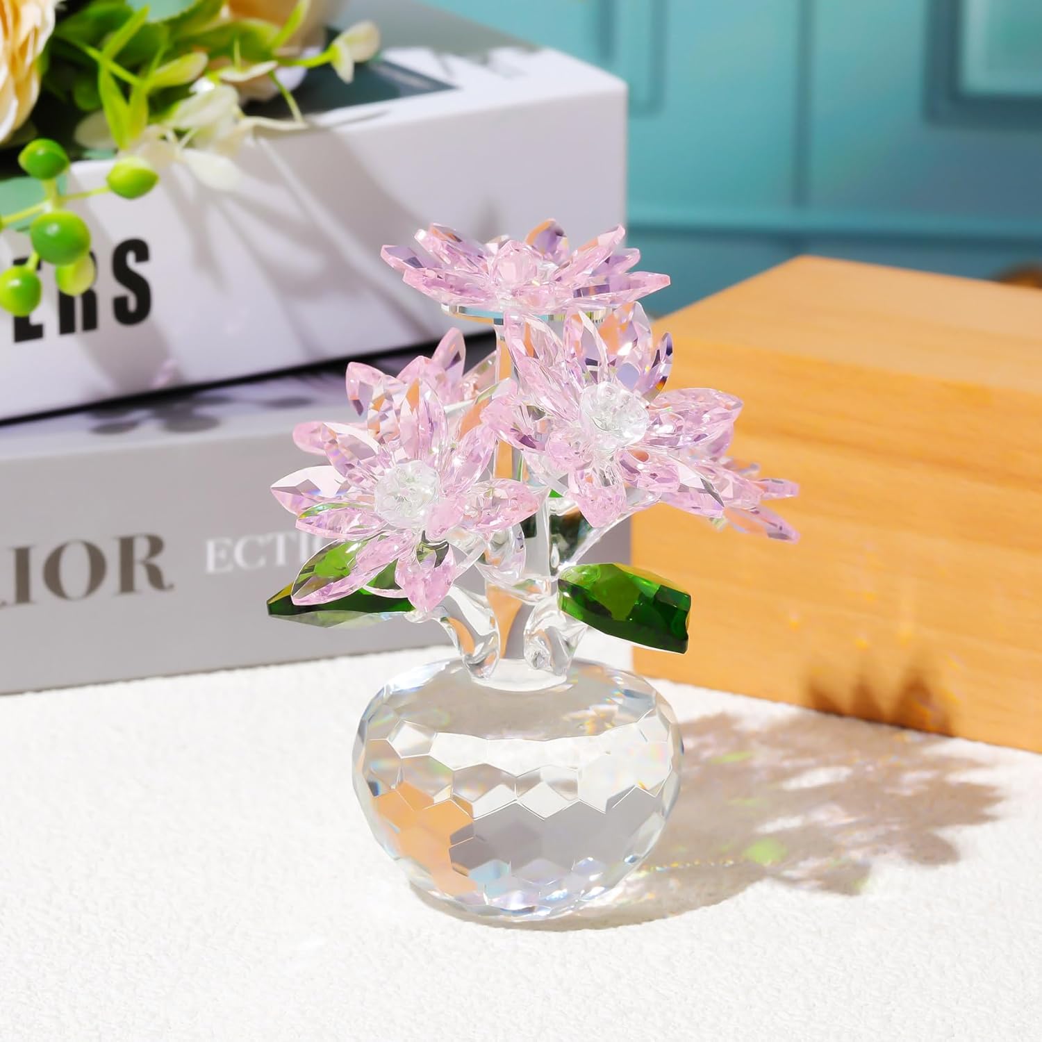 YWHL Pink Crystal Flower Figurine - Handmade Glass Decor | Beautiful Art Collectible for Home Centerpiece