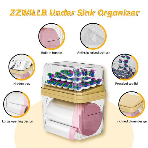 ZZWILLB 2-in-1 Trash Bag Dispenser & Laundry/Dishwasher Pods Container, Clear Acrylic Garbage Bag Organizer with Removable Lids, Under Sink Kitchen Storage Box