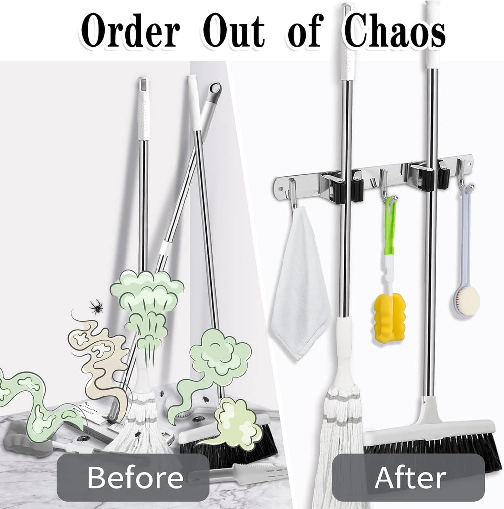 Skiennix Wall-Mounted Broom and Mop Holder - Heavy-Duty Stainless Steel Organizer with 2 Racks & 3 Hooks