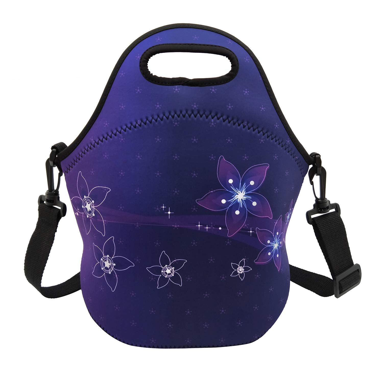Neoprene Lunch Bags Boxes for Women Men, Insulated Lunch Cooler Tote Bag Box for Office Work Picnic Travel (Purple Flower)