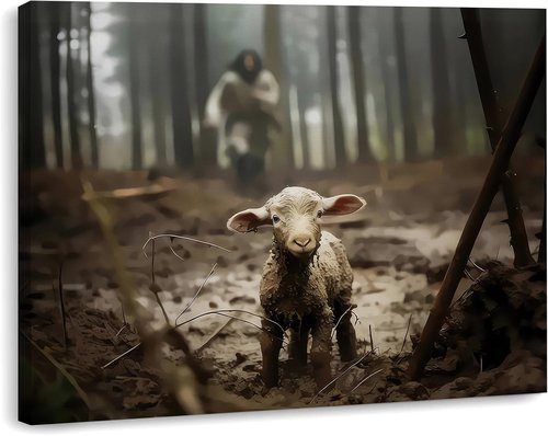 Framed Jesus Christ Wall Art - Canvas Painting of Jesus and Lamb | Biblical Decor for Church, Prayer Room, 12" x 16"