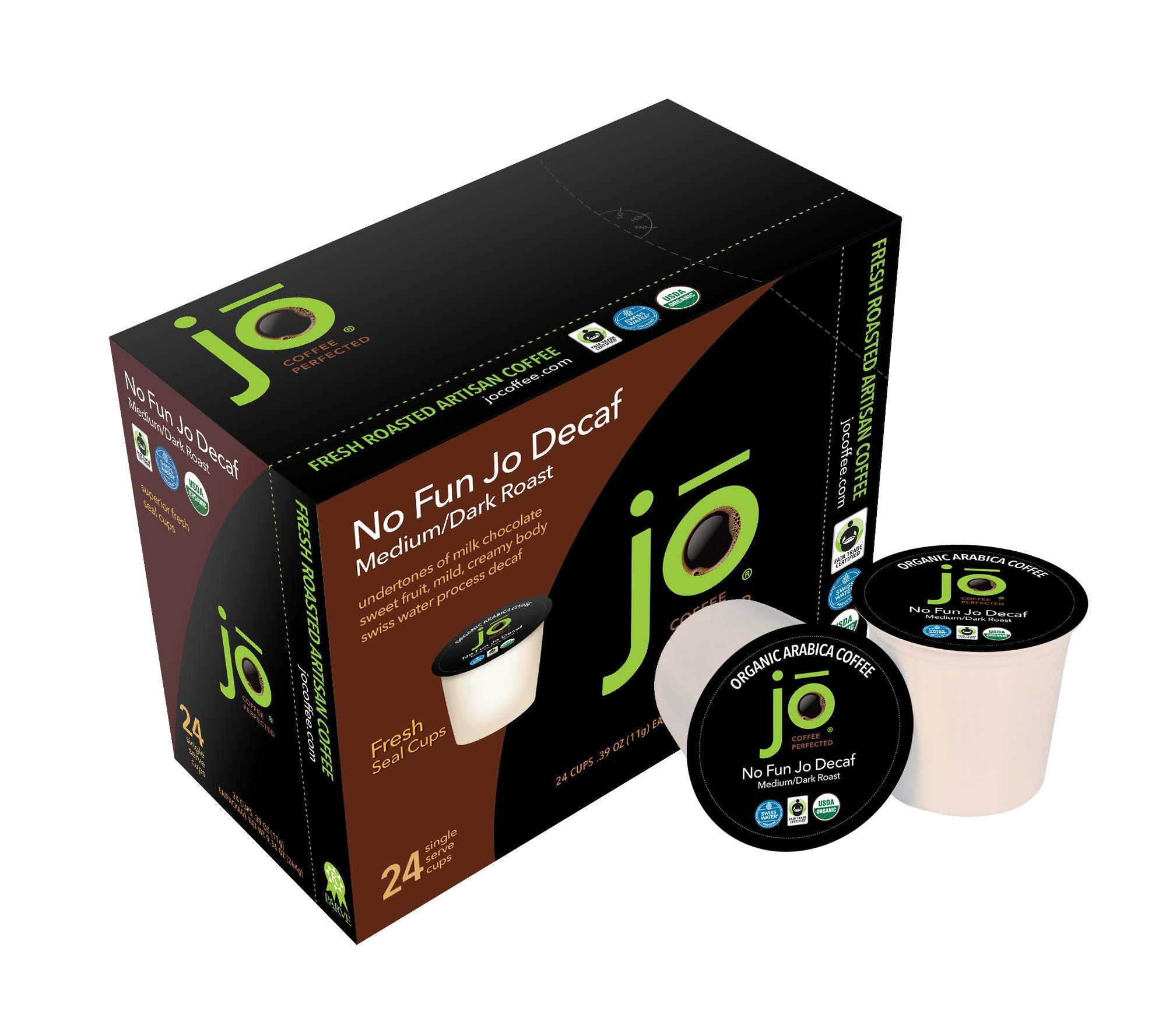 NO FUN JO DECAF: 48 Cups, Organic Medium Dark Roast Swiss Water Process for Keurig K-Cup Compatible Brewers, Fresh Seal Single Serve Cups, Fair Trade Certified Kosher Non-GMO Gluten Free by Jo Coffee®