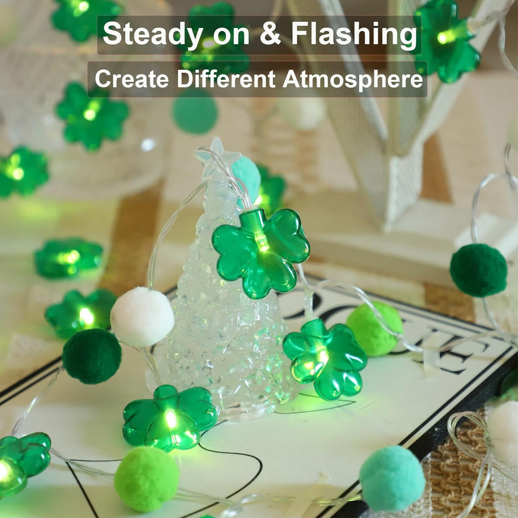 Skiennix St. Patrick's Day Garland Lights - 20 LED Shamrock Pompoms with Timer | 9.85ft Green Decor