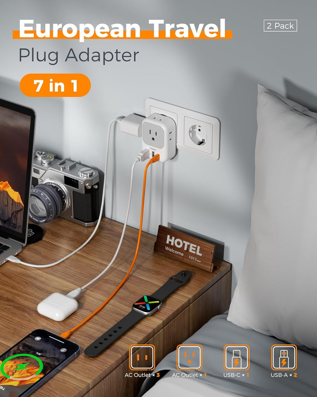 TESSAN European Plug Adapter - 2 Pack USB C Travel Charger with 4 Outlets & 3 USB Ports for Italy, Spain, France, Germany