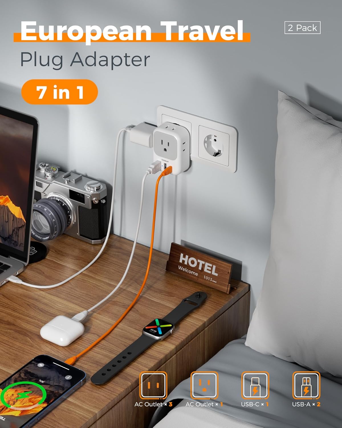 TESSAN European Plug Adapter - 2 Pack USB C Travel Charger with 4 Outlets & 3 USB Ports for Italy, Spain, France, Germany