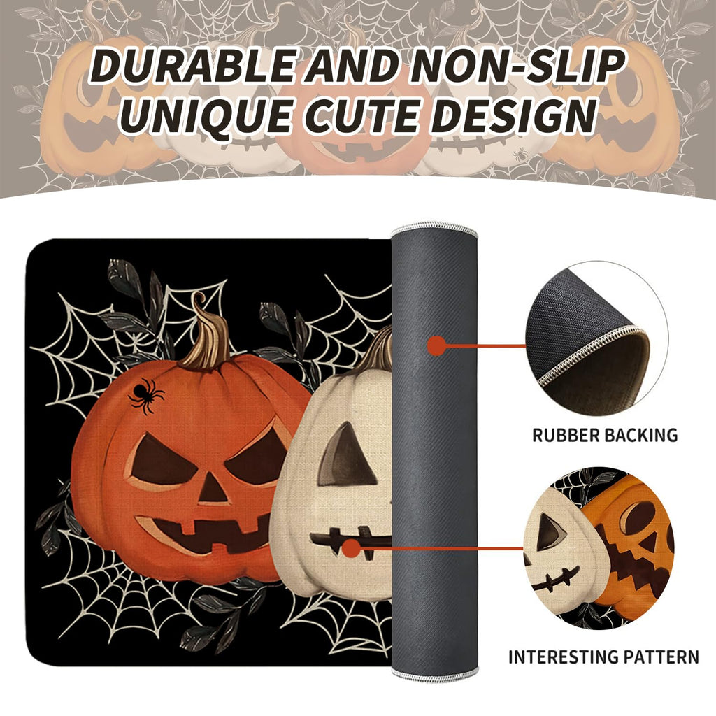 Faptoena Halloween Kitchen Rugs Set of 2,Black Pumpkin Spider Web Kitchen Mats for Floor, Halloween Non-Slip Washable Sink Mats Home Decor Doormat+Runner Rug