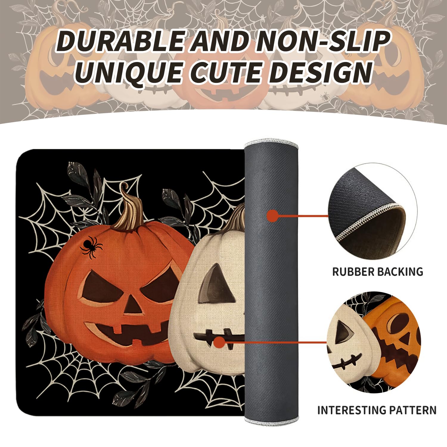 Faptoena Halloween Kitchen Rugs Set of 2,Black Pumpkin Spider Web Kitchen Mats for Floor, Halloween Non-Slip Washable Sink Mats Home Decor Doormat+Runner Rug