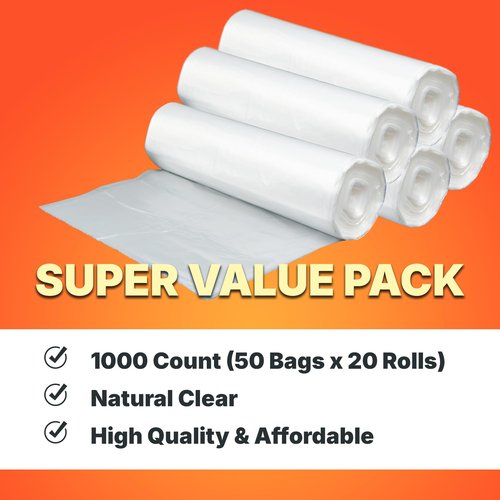 Bagtron 12-16 Gallon Trash Bags, 8 Micron High Density Garbage Can Liners Bulk, 24" x 33", Natural Clear, 1000 Count