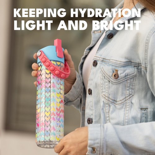 Elemental Splash Water Bottle - BPA-Free Tritan Plastic with Straw & Pop It Strap | 26oz Rainbow Heart - Ideal for Travel & Sports