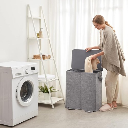 Lifewit Double Laundry Hamper - Large 155L Collapsible Basket with Lid & Removable Bags - Grey