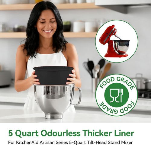 Silicone Liners for KitchenAid 5 Qt Tilt-Head Stand Mixer(Only), Odourless,Thicker, Cold/Heat-Resistant & Non-Stick, Easy Clean, Fits 5 Quart Mixing Bowl, Set of 3 with Lids