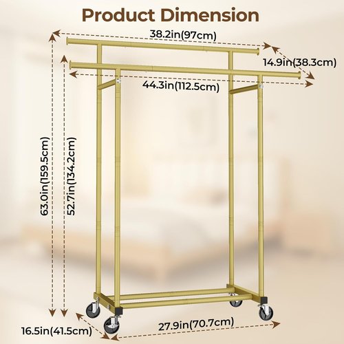 HYSEYY Double Rod Clothes Rack - Sturdy Portable Garment Rack for Hanging Clothes | Gold Finish