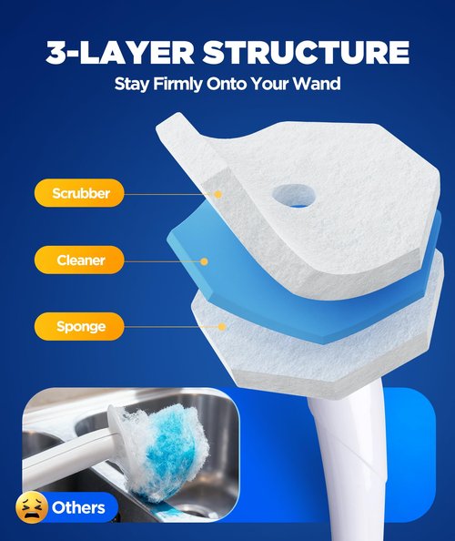 62 Count Toilet Wand Refills For Clorox Wand, 3-Layer Brush Heads with Upgraded Toilet Bowl Cleaners For 99.9% Stains Removal