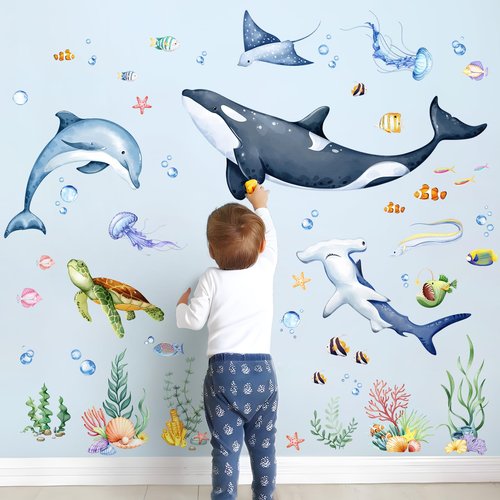 Whales Under The Sea Wall Decals, Sea Turtles Dolphin Jellyfish Wall Stickers Rays Coral Seaweed Peel and Stick Wall Decal Self Adhesive Wall Art Sticker for Baby Nursery Kids Room Home Decor
