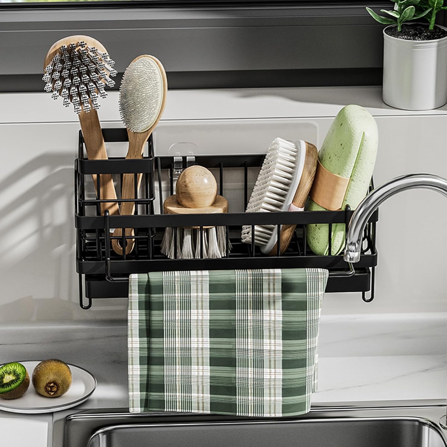 Skiennix Sink Caddy Organizer - Wall-Mounted Sponge Holder & Brush Storage - Rustproof 304 Stainless Steel
