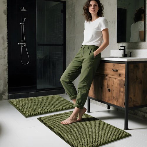 BSICPRO Bathroom Rugs Set 2 Piece-Chenille Bath Mats Non Slip-Thick Soft Absorbent Sage Bath Rug-Shower Floor Mat Machine Washable-Bathroom Decor Accessories (Olive Green, 20" x 32" Plus 16" x 24")