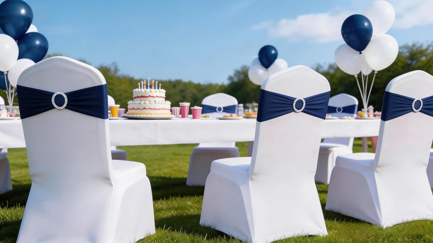 Skiennix 50 Pack Navy Blue Stretch Spandex Chair Sashes - Elastic Bands with Slider Buckles for Weddings & Events