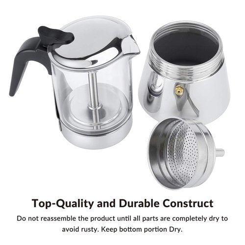 Geesta Premium Crystal Glass-Top Stovetop Espresso Moka Pot - 4/6/ 9 Cups - Stainless Steel Coffee Maker- 240ml/8.5oz/6 cup (espresso cup=40ml)