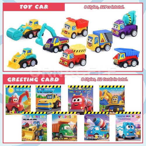 ORNACELE Valentines Day Gifts for Kids, 32 Pack Trucks Cards with Construction Vehicles, Pull Back Cars Sets Exchange Cards for Classroom School Party Favors