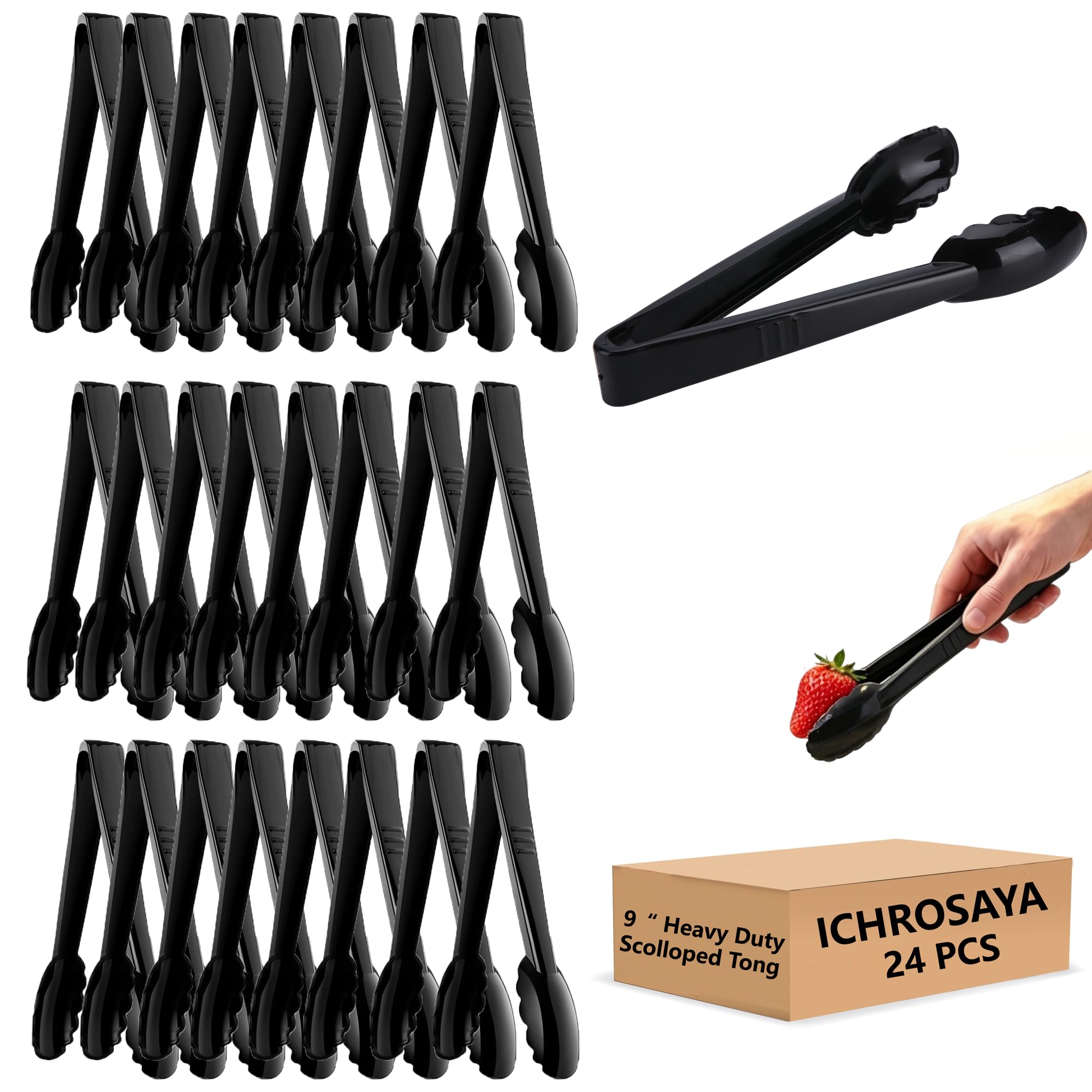 ICHROSAYA 24 Pieces Plastic Serving Tongs, Scalloped Grip Disposable Salad Tongs, 9" Heavy-Duty Serving Utensils, BPA-Free, Perfect for Buffets, BBQ, Parties & Catering Ice Food, Black