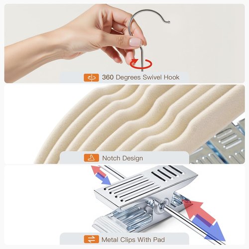 Flottian Velvet Pants Hangers - 24 Pack Adjustable Clips | Space-Saving Non-Slip Design in Beige