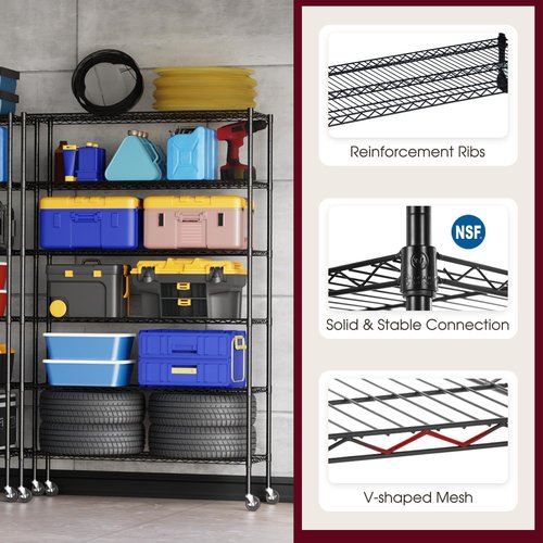 BestOffice 6-Tier Wire Storage Shelves with Wheels - Heavy-Duty Metal, Adjustable Racks, 48x18x77, Black | No-Tool Assembly, Holds Up to 600 lbs, Perfect for Home & Garage