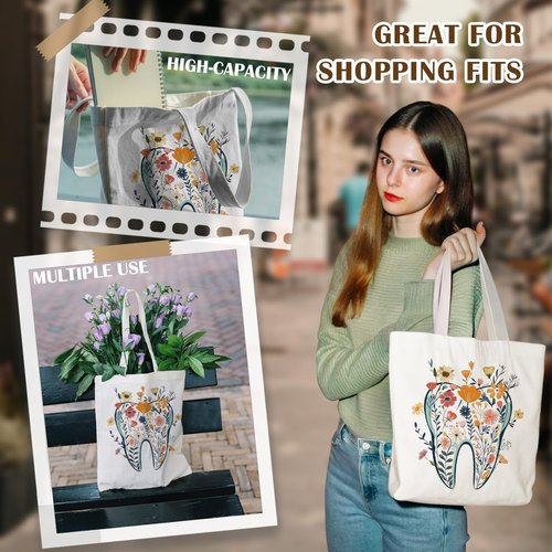 KBRCT Dentist Gifts Tote Bag for Women, Dental Hygienist Gifts Canvas Tote Bag, Dental Assistant Gift, Floral Tooth Dentist Reusable Shopping Grocery Bags