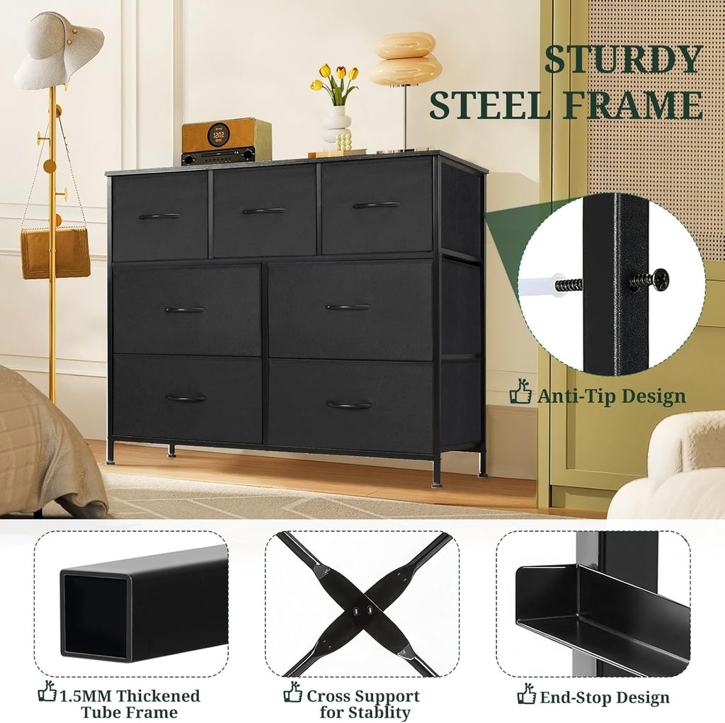 Skiennix 7-Drawer Dresser - Anti-Tip Fabric Storage Organizer with Wooden Top | Black for Bedroom & Living Room