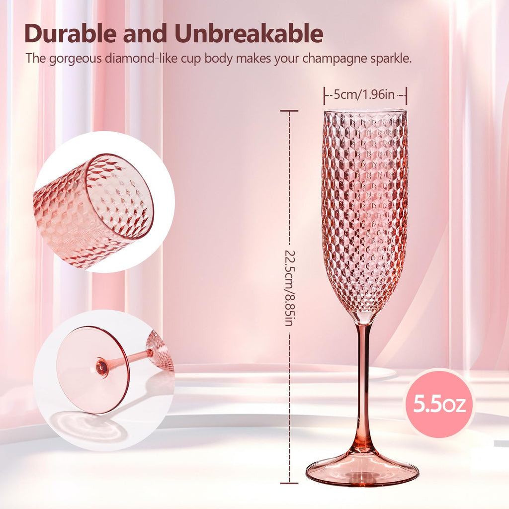 ZOMUIA 12 Pack Plastic Champagne Glasses Unbreakable Champagne Flute Acrylic Wedding Toasting Crystal Goblets Reusable Diamond Wine Glasses for Wedding Anniversary Birthday Party, Amber Gold 5.5 oz
