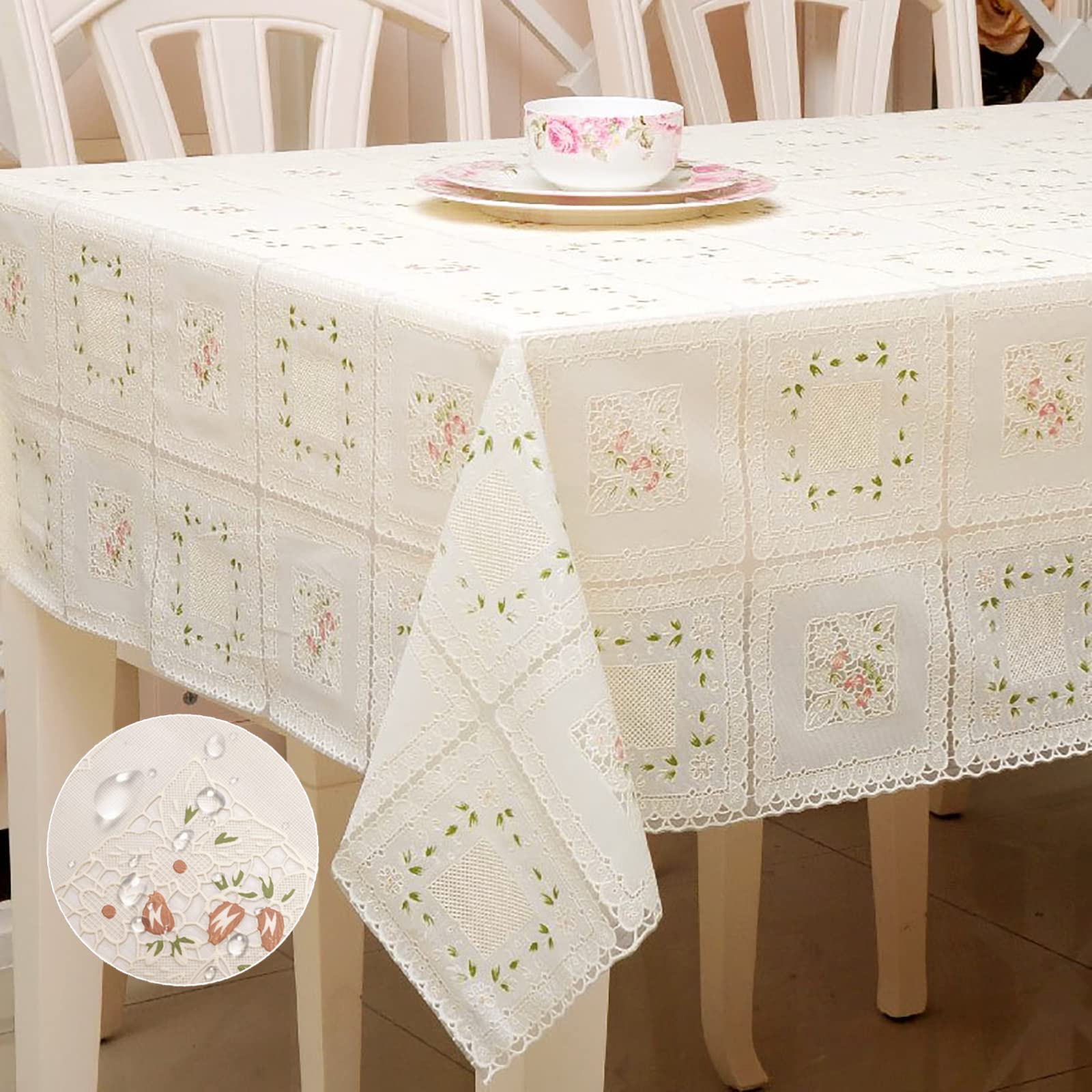 iSamzan Waterproof OilProof Vinyl Table Cover, Plastic Lace Tablecloth for Rectangle Table, Textured Home Decor for Parties, Dining, Kitchen, Outdoor