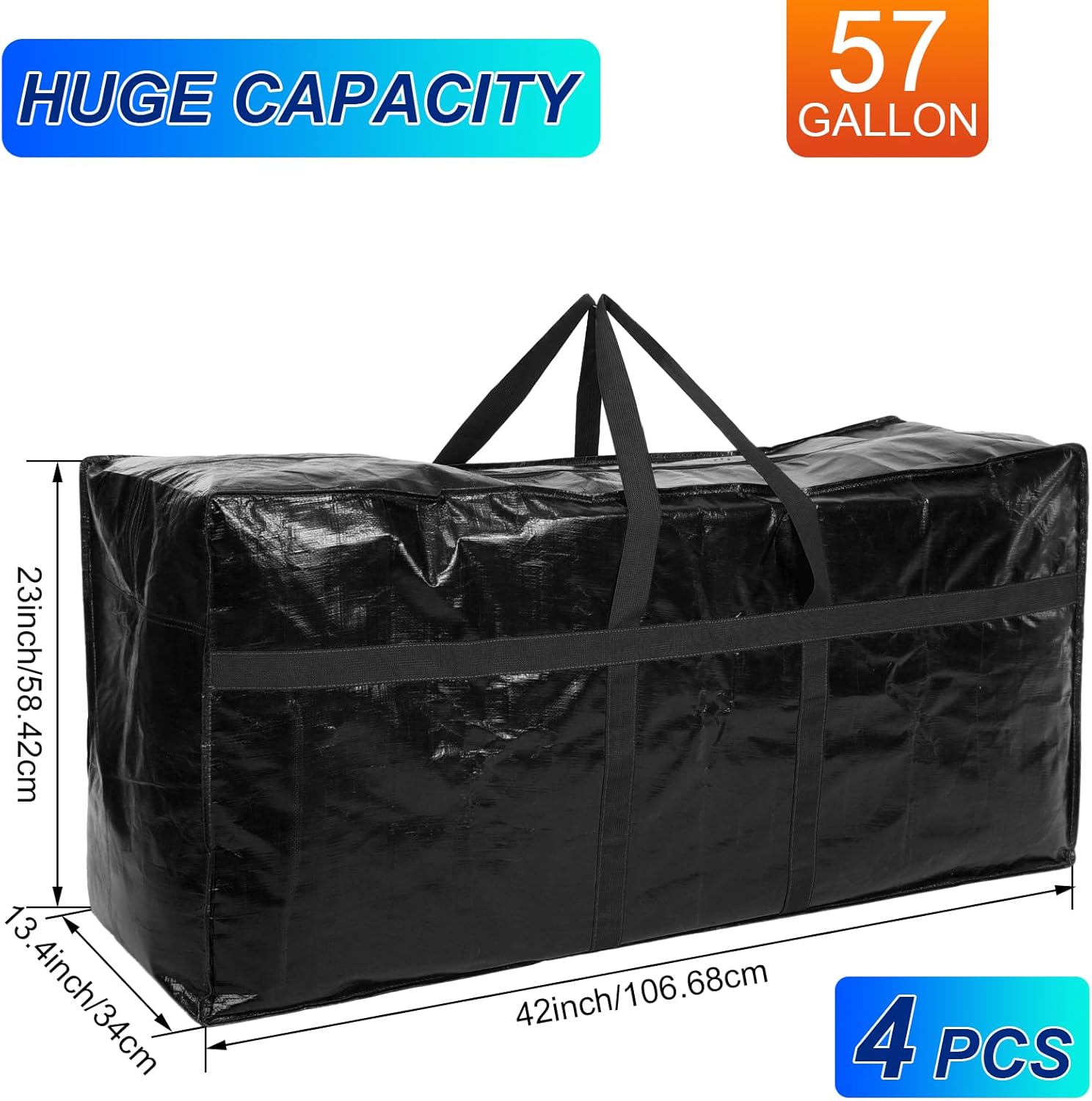 Windyun 57 Gallon Extra Large Heavy Duty Moving Bags - Jumbo Tote with Strong Zipper Handle | Black 4 Pack