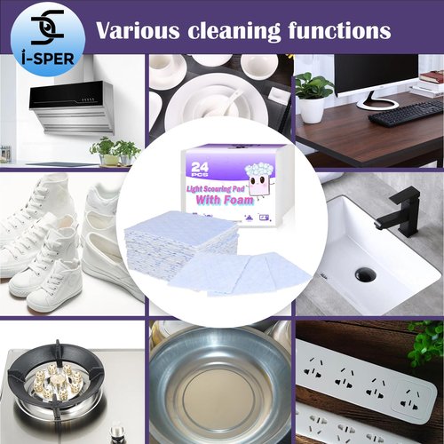 24 Pack Light Scouring Pad with Foam, Triple Cleaning Scrub Pad Singles Heavy Duty Household Non-Scratch Abrasive Hand Pad Multi Surface Magic Sponge Eraser Sheets for Home Surfaces Indoor Cleaning