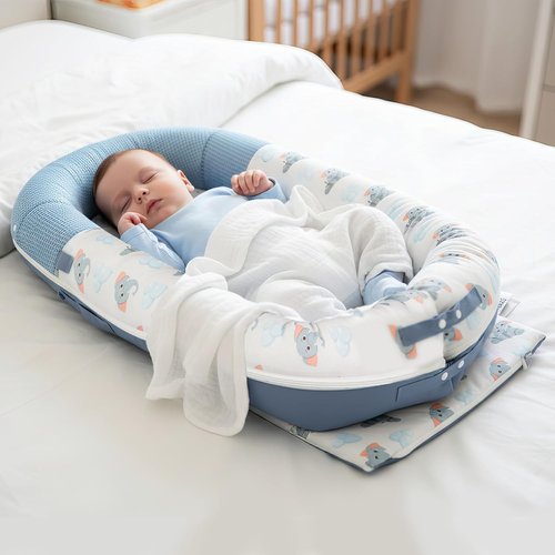 JollyBoo® Deluxe Infant Lounger Pillow - Portable Bamboo-Cotton Baby Nest with Sunshade & Toys | Soft, Breathable Mesh for Ages 0-24 Months (Blue Elephant)