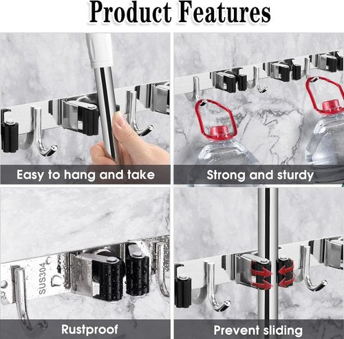 AceMining Wall Mounted Broom and Mop Holder | 5 Racks & 4 Heavy-Duty Hooks for Garage Storage