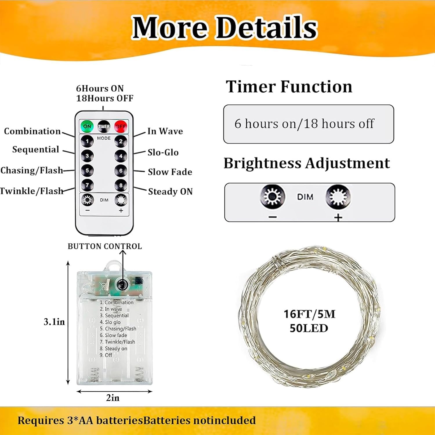 Skiennix 50 LED Fairy Lights - Battery Operated with Remote & Timer | 16 FT Warm White Twinkle String Lights for Indoor & Outdoor Décor