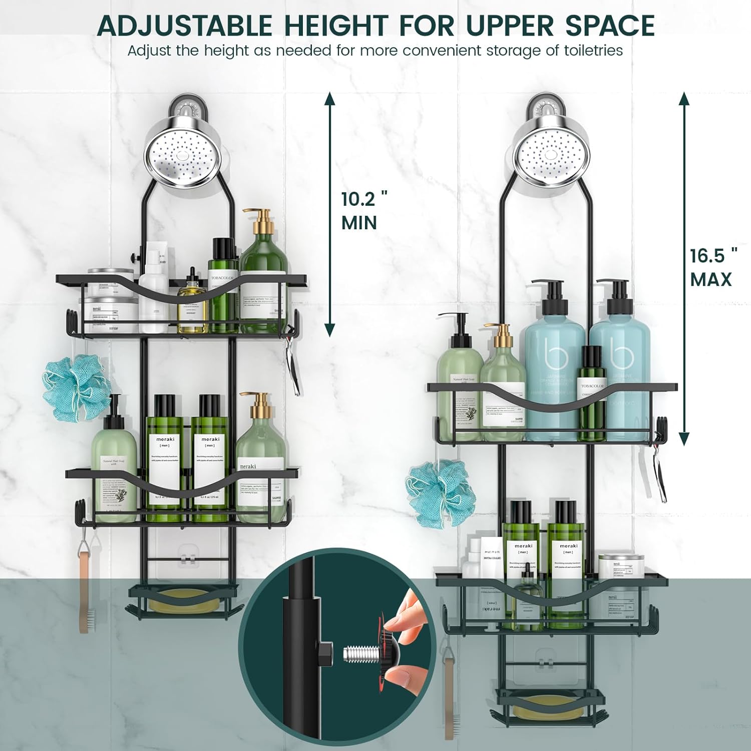 Shower Caddy - Adjustable Rustproof Organizer with Hooks | Large Capacity Black Shower Storage