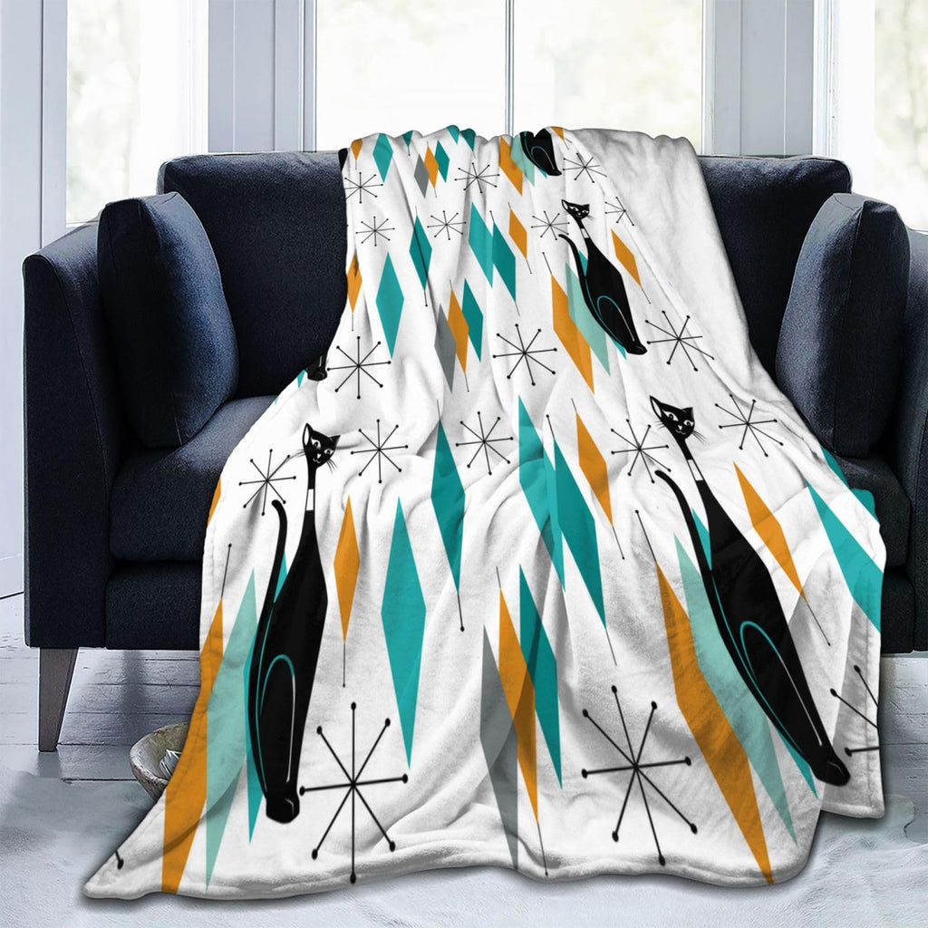 Mid Century Cat Fleece Throw Blanket Soft Flannel Plush Lightweight Warm Cozy Blanket for Men Women Couch Bed Sofa Travel 60"x80"