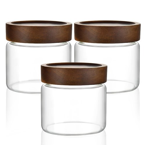 MOLADRI 3 Pack 17 fl oz/500ml Clear Glass Storage Canister with Airtight Wooden Screw On Lid, Small Cute Decorative Glass Container Jar Set for Coffee, Candy, Cookie, Condiment, Pepper, Sugar, Oatmeal