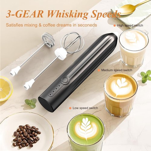 Milk Frother Powerful Handheld Rechargeable With 2 Stainless Heads 3 Speeds, Frother Wand Drink Mixer,Electric Whisk Foam Maker for Coffee,Lattes,Cappuccino,Hot Chocolate,Matcha, Egg- Black