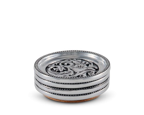 Arthur Court Aluminum Metal Western Concho Drink Coasters for Home Counters, Kitchen, Dining, Living Room, Patio, Coffee Table, Metal Holder Cork Padding Set of 4 Stackable 4 inch Diameter