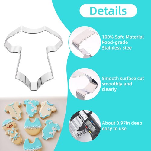 Baby Shower Cookie Cutter Set, 6 Pcs Baby shirt, rattle, bottle, bib, stroller, baby feet Fondant Biscui Cutters Stainless Steel Cookie Cutters for Baby Shower Birthday Party