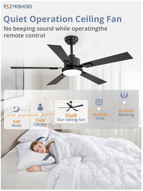 ZMISHIBO 52 inch Black Ceiling Fans with Lights and Remote, Indoor/Outdoor Modern Ceiling Fan for Bedroom Living Room Patio, 6 Speed Reversible Quiet DC Motor, 3 CCT, Dual Finish Blades