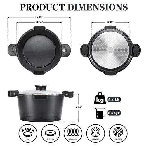 8.5qt Pasta Pot with Strainer Lid, Cast Aluminum Stockpot Multipot, Nonstick Ceramic Coating make Cleanup easy with Tempered Glass Lid, Dishwasher Safe, Induction, Black (Black, 8.5 Quarts)
