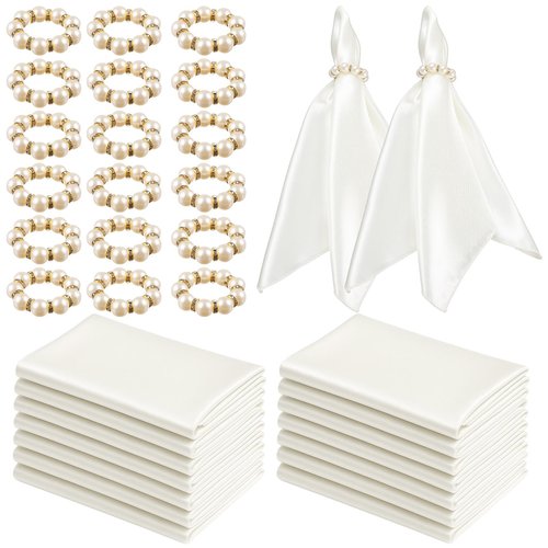 Newwiee 200 Pcs Satin Cloth Napkins and Napkin Ring Set, 100 17 x 17 Inch White Napkins and 100 Pearl Napkin Ring, Soft Table Supplies Bulk for Weddings, Banquet, Parties Dinner Decoration