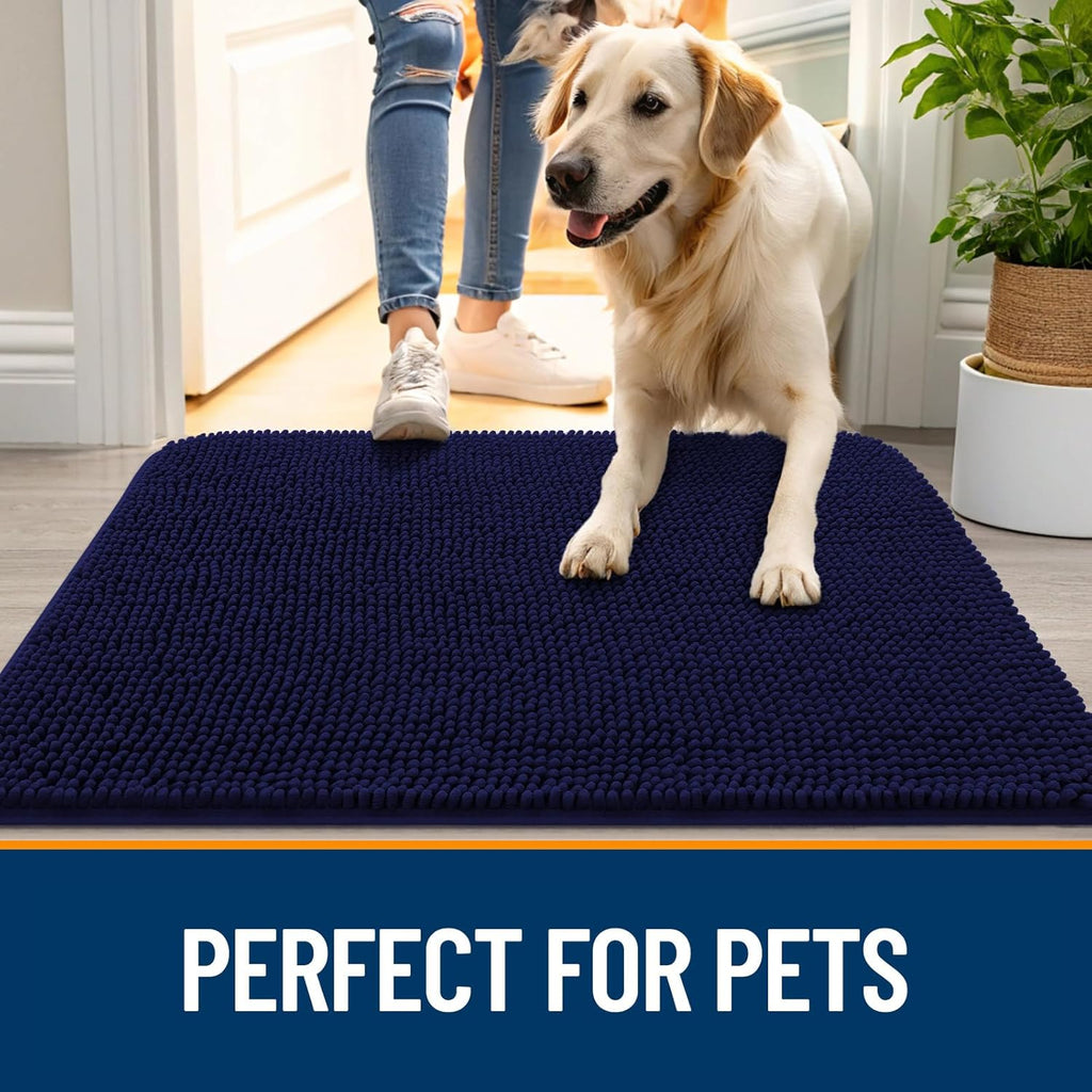 OLANLY Dog Door Mat - Absorbent Non-Slip Washable Chenille Mat for Muddy Paws | 54x32, Navy Blue